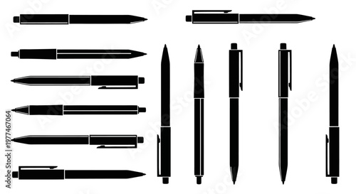 Collection of black and white pens in various styles and orientations