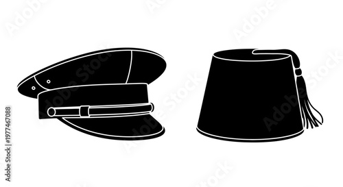 Two traditional hats a peaked cap and a fez depicted in black