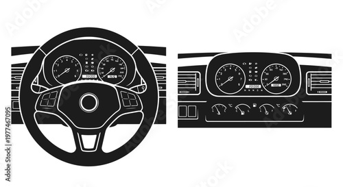 Detailed illustration of a car dashboard and steering wheel setup