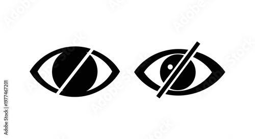 Two stylized eyes with a diagonal line obstructing each black and white