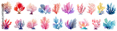 Collection of vibrant underwater plants and sea corals painted in a delicate watercolor style, showcasing diverse marine life elements like algae and aquatic foliage