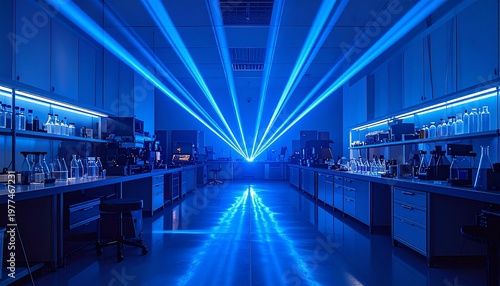 Futuristic Laboratory with Intense Blue Laser Beams and Reflective Surfaces.