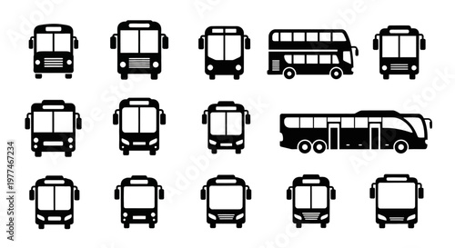 Collection of black silhouette bus icons in varying styles and sizes