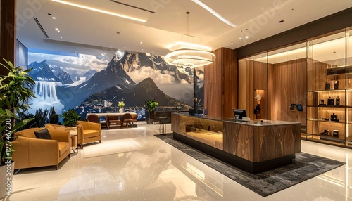 Elegant hotel lobby with mountain mural and modern furniture.
