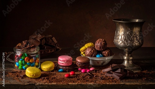 Still Life with Colorful Macarons, Candies, and Chocolate.