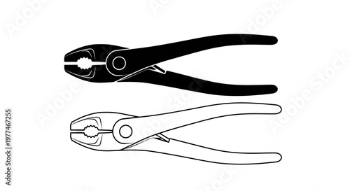 Two depictions of locking pliers a solid black version and a white outline