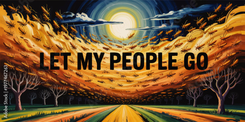 Let My People Go biblical plague illustration with locust swarm over moonlit fields dramatic Exodus inspired night landscape
