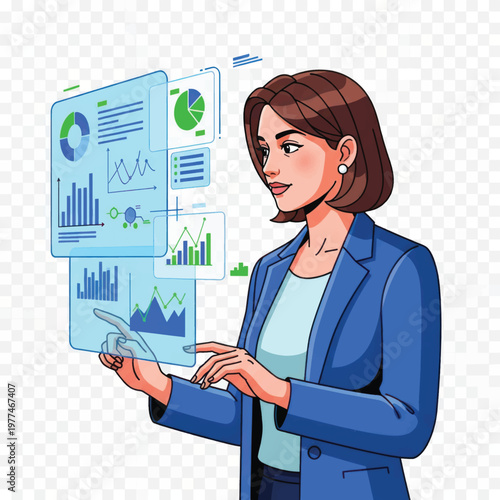 Professional woman presenting data analytics and charts during a business briefing.