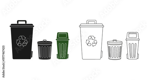 Illustration of various trash cans and recycling bins in different colors