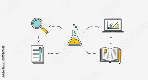 Science and Data Analysis Workflow: Lab, Research, Laptop, Book, Magnifying Glass