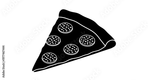 A black and white illustration of a single slice of pepperoni pizza