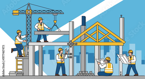 Construction workers building house with crane, teamwork, blueprints, engineering, new development