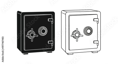 Two safes presented in contrasting black and white line art styles