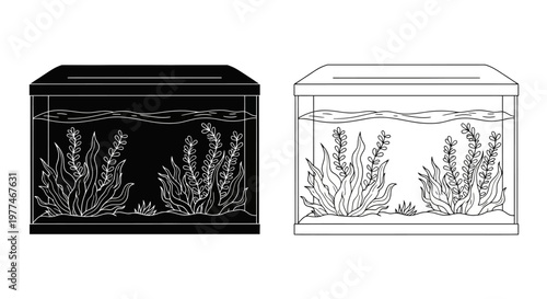 Two aquarium tanks one dark and one light displaying aquatic plants