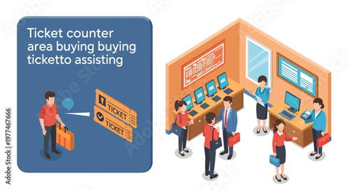 Customer Service Ticket Counter with Staff Assisting People Buying Tickets
