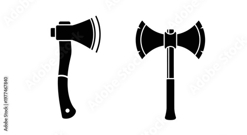 Two black silhouettes of hand axes displayed on a white background