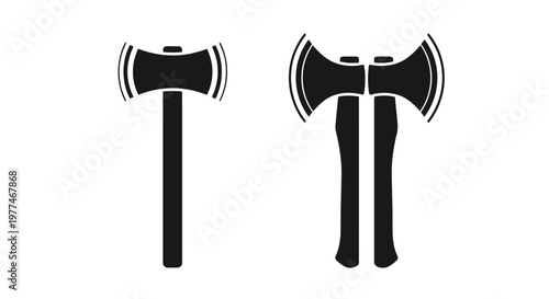 Two black silhouettes of axes one single bladed and one double bladed