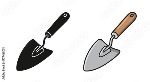 Two illustrations of trowels one black and one with a wooden handle