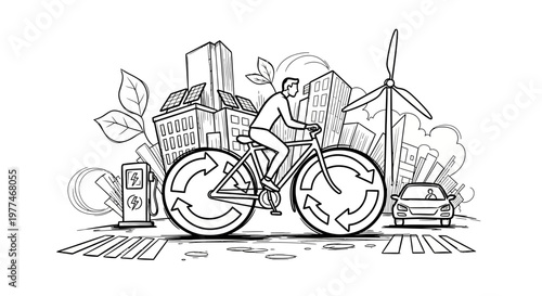 Eco-friendly city transportation concept with cyclist and renewable energy