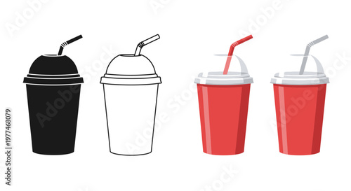 Four variations of disposable plastic cups with lids and straws
