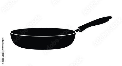 A simple black frying pan illustration depicting kitchen cookware silhouette