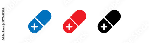 Set of colorful capsules with plus signs for medical and health use
