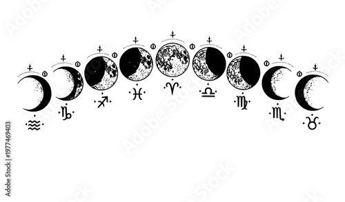 Circular moon phases with zodiac symbols vintage engraving astrology design vector isolated on white