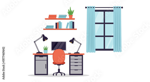 Modern home office workspace with desk, chair, shelves, and window.