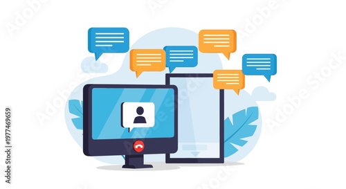 Digital communication and social media interaction concept with devices and chat bubbles.