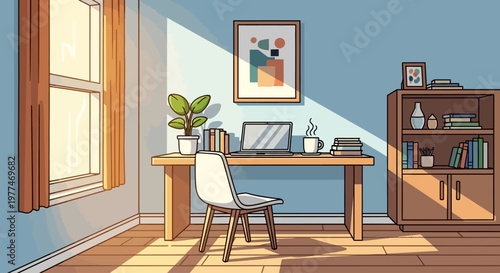 Cozy home office setup with wooden desk and chair by window.