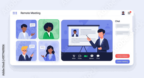 Remote business meeting with diverse team members participating via video call.