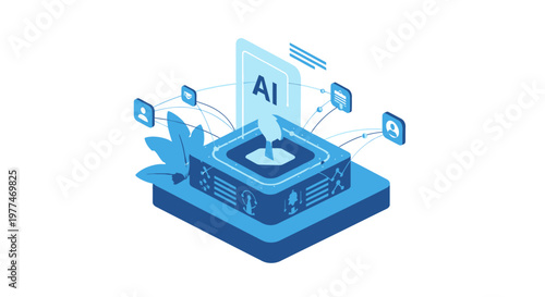 Isometric illustration of artificial intelligence technology with AI chip and digital icons.