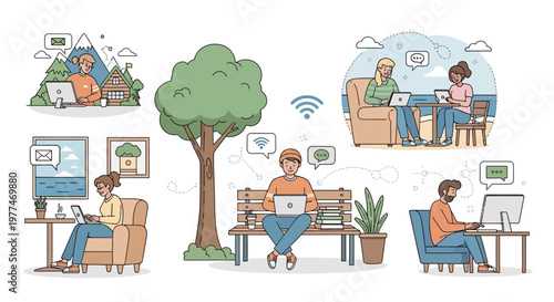 People working remotely from home using technology and internet connectivity.