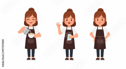 Illustration of a female barista in various poses.