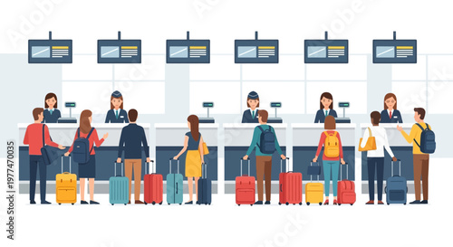 Travelers at Airport Check-in Counters with Luggage, Flight Boarding Process