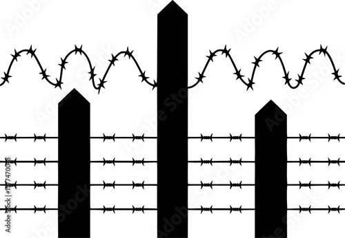 Black barbed wire fence with pointed posts against a white background
