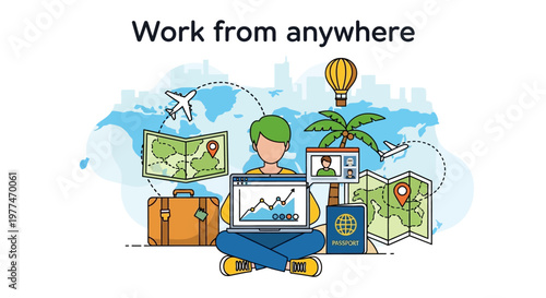 Illustration of remote work concept with digital nomad using laptop surrounded by travel and communication icons.