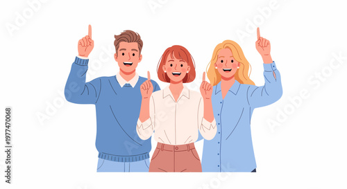 Three happy people pointing upwards together.