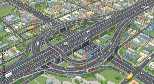 Busy Urban Highway Interchange with Traffic Flow and Cityscape