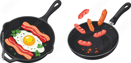Frying Pan Breakfast Illustration with Eggs, Bacon and Sausages Cooking in Skillet for Food Preparation Design
