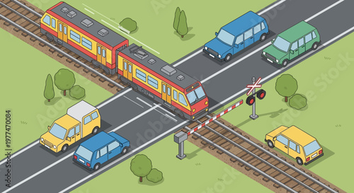 Train crossing road with cars waiting, intersection, traffic, transportation, isometric view