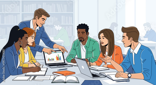 Diverse team collaborating around a laptop with charts in a modern office or classroom setting.