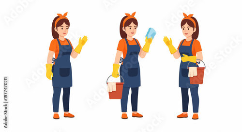Three cartoon female janitors in various cleaning poses.