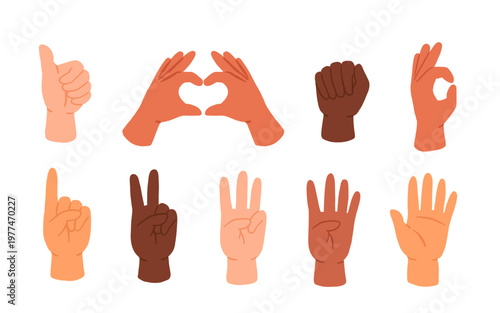 Diverse hands gestures set, multiracial skin tones, thumbs up, heart, fist, ok sign, counting fingers, vector illustration isolated