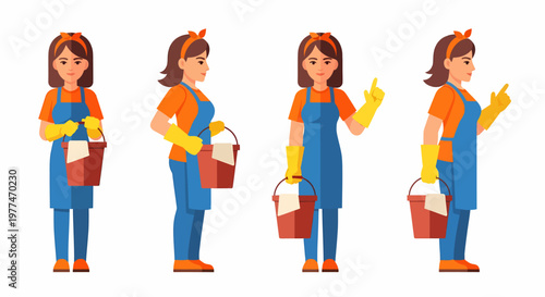Cartoon woman in various cleaning poses.