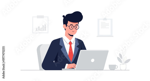 Photos Businessman working on laptop in modern office, flat illustration style