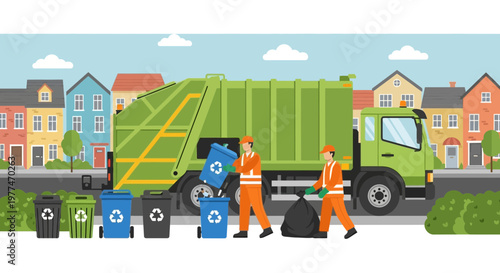 Garbage Truck and Workers Collecting Recycling Bins on a Residential Street