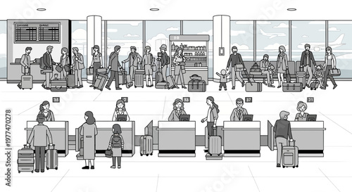 Airport terminal interior with passengers and check-in counters, travel concept illustration