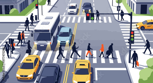 Busy City Intersection with Pedestrians Crossing at Crosswalks and Traffic Lights