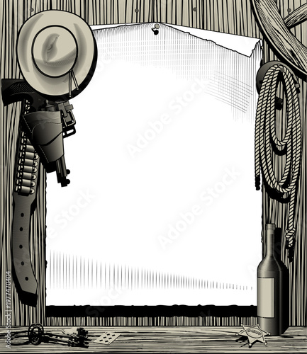 Vintage Western wanted poster template with a cowboy hat, revolver, bullets, rope, bottle, and sheriff badge on a wooden background. Color vector illustration in engraving style.